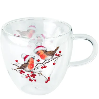 Produktbild von Weihnachten Doppelwandiger Glasbecher 9,5 cm x Ø 10 cm Christmas robins white Rotkehlchen mit Weihnachtsmütze Inhalt 0,2 Liter