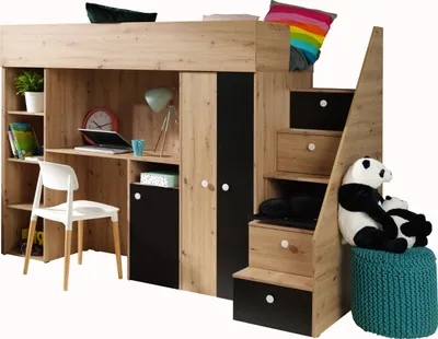 Produktbild von Etagenbett für Kinder SMART 14 Stockbett mit Treppe, Kleiderschrank und Schreibtisch (Artisan Eiche + Schwarz matt)