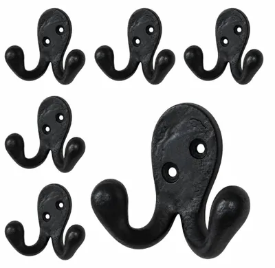 Wandhaken aus Schmiedeeisen, Doppelhaken, 6er-Set, handgeschmiedet, schwarz