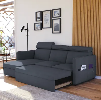 Produktbild von Idohome - Ecksofa BENI mit Schlaffunktion und Bettkasten 220x160 cm, Relaxfunktion und Kopfstützen - Farbe Dunkel Grau Soro 97