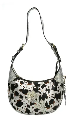 Produktbild von Laura Vita Damen Schultertasche mit Kuhflecken-Muster und Blüte Alba 02, Farbe:W
