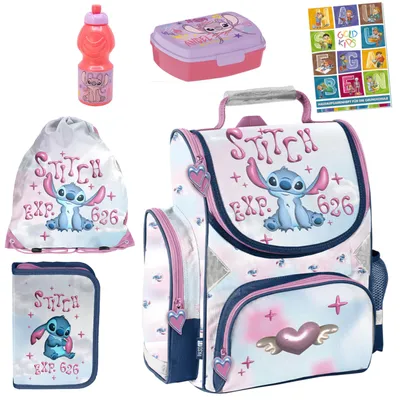 Produktbild von Schulranzen für Jungen und Mädchen, 6er-Set - Schul-Rucksack für Kinder mit Federmäppchen - Schuhbeutel Trinkflasche und Brotdose - Stitch Motiv