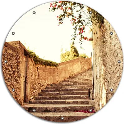 Produktbild von Wallario rundes Outdoor-Poster für Garten oder Balkon, Motiv Steinerne Treppe in Italien, 90 cm Durchmesser