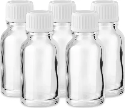 Produktbild von 5x Klare Glasflasche 15 ml mit weißem Kunststoff Schraubverschluss Set