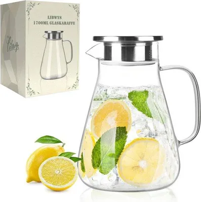Zdjęcie produktu dla Karafka szklana Unyqoos® z pokrywką – 1700 ml, wykonana z borokrzemianu, idealna do serwowania wody, herbaty, soków i mleka