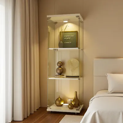 Image de Vitrine en verre avec éclairage LED et serrure, vitrine d'exposition avec 3 étagères en verre trempé, meuble vitrine moderne pour salon ou bureau, blanc, 42 x 36 x 125 cm