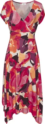 Produktbild von VIVANCE Midikleid mit Alloverdruck und asymmetrischem Saum rot-lila-pink bedruckt Größe 38