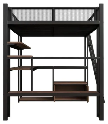 Image de Lit superposé gaming - Lit superposé avec espace de travail - 140 x 200 cm - Éclairage LED - Rangement intégré - Structure en MDF et métal - Couleur noire