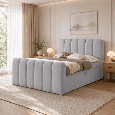 Obrázek produktu pro Postel s pružinovou základnou a čalouněnou konstrukcí, model "Bubble Bouclé" | S úložným prostorem a topperem | Moderní design ložnice | Šedá barva, rozměry 180x200 cm, Obrázek vytvořený pomocí AI