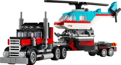 Produktbild von LEGO Creator 3in1 Tieflader mit Hubschrauber, Fahrzeuge-Set mit Helikopter- und LKW-Spielzeug, Flugzeug und Tanklaster, Hot Rod und SUV, Geschenk für 7-jährige Jungs und Mädchen 31146
