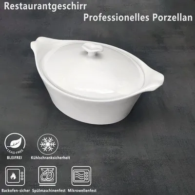 Produktbild von Famanu Ovale Auflaufform 1500 ml - Weiß, Keramik mit Deckel