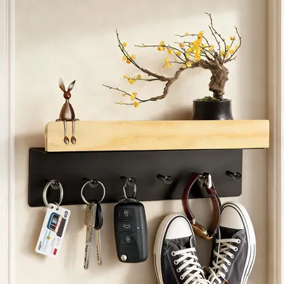 Produktbild von Schlüsselbrett aus Holz mit Ablage und 6 Haken, Wandorganizer für Eingangsbereich, Flur, Wohnzimmer, Schlafzimmer