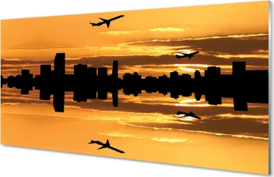 Produktbild von Glasbilder 140x70 Wandkunst Flugzeug Stadt Sonne