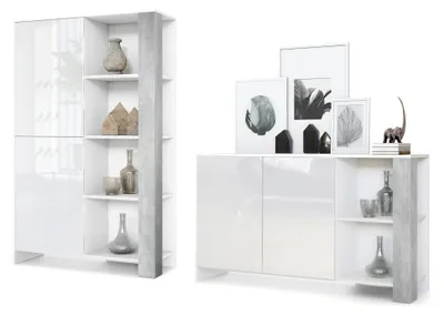 Produktbild von Wohnzimmer Set Venedig, bestehend aus Highboard mit 2 Türen und 8 Fächern sowie Sideboard mit 2 Türen und 6 Fächern, Korpus in Weiß matt, Fronten in Weiß Hochglanz, Nachbildung-Paneele in Beton Oxid Optik