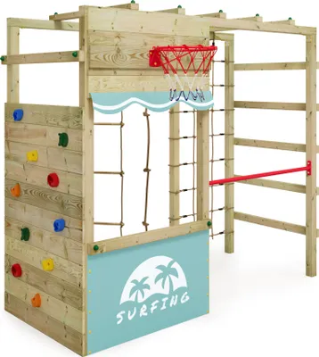 A wooden play structure with various climbing and sporting accessories, set against a white background.