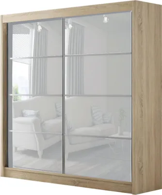 Produktbild von Hochglanz Schiebtürenschrank Rosario 200 cm Kleiderschrank Sprossen 2-türig Garderobenschrank modern Schrank Regale Kleiderstange, Farbe: Eiche sonoma, lacobel weiß, Breite: 200 cm