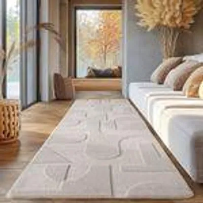 Produktbild von Skandinavischer Teppich Boho Design Einfarbig Beige und Creme Waschbarer Teppich, Größe: 80 x150 cm, Farbe: Creme-4