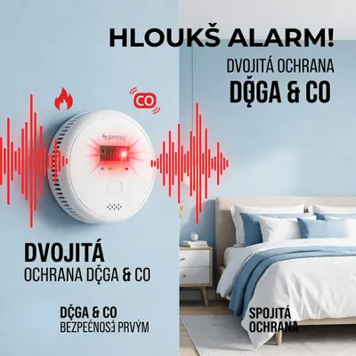 Obrázok produktu pre Kombinovaný detektor oxidu uhoľnatého a dymu s LCD displejom, 2 ks, hlasný alarm 85 dB, certifikovaný senzor, jednoduchá montáž, pre domácnosť aj