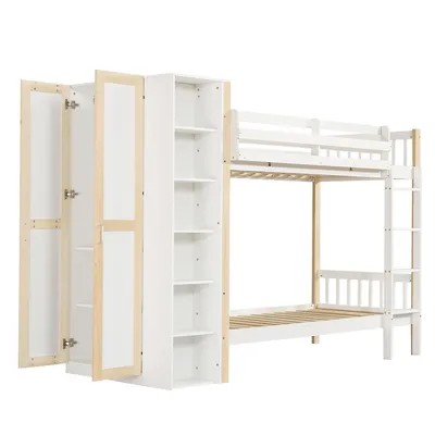 Image de Lit superposé, lit d'enfant avec protection contre les chutes et barrières, avec échelle à 4 marches, 6 étagères ouvertes, beaucoup d'espace de rangement, blanc+naturel, 90x200cm