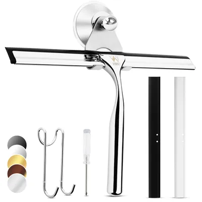 Imagen del producto de Raspador para mampara de acero inoxidable, con borde de goma y ventosa, para vidrio y azulejos