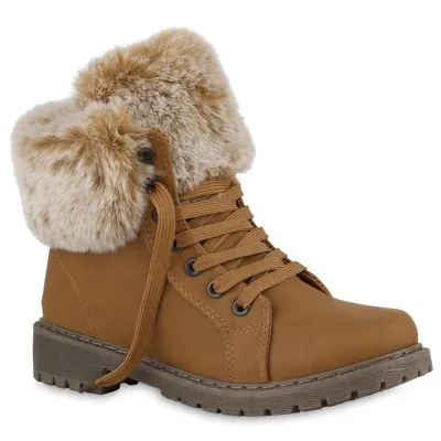 Produktbild von VAN HILL Damen Warm Gefütterte Worker Boots Stiefeletten Kunstfell Schuhe 840850, Farbe: Hellbraun, Größe: 37