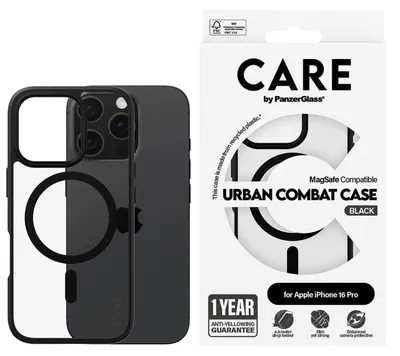 Immagine prodotto di PanzerGlass CARE by ® Custodia trasparente Urban Combat m. Schwarz Rahmen & MagSafe iPhone 16 Pro, Cover, Apple, Apple - iPhone 16 Pro, Trasparente