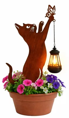 Produktbild von Gartenstecker Katze mit Lampe Metall Rostoptik Gartendeko mit Laterne