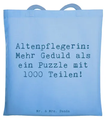 Produktbild von Mr. & Mrs. Panda Tote Bag Spruch Altenpflegerin Geduld - Sky Blue - Geschenk, totebag, Wertschätzung, Hingabe, handgefertigte Geschenke, Shopping Tasche, Schultasche