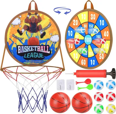 Immagine prodotto di Canestro da basket e bersaglio da freccette, set 2-in-1 per la stanza dei giochi, giocattolo per bambini
