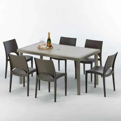 Produktbild von Polyrattan Tisch Rechteckig mit 6 Bunten Stühlen 150x90 Beige Marion