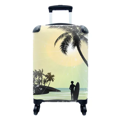 Produktbild von MuchoWow® Koffer Handgepäck Trolley Rollkoffer Kleine Reisekoffer mit 4 Rollen - Strand - Surfbrett - Sonne - Palmen - Cabin Size < 55x40x23 cm & 55x40x20 cm - Fotokoffer - Kabinenkoffer - Boardgepäck - Reise-Box - Reisekoffer - Reisegepäck - Koffer mit Bild - Trolley für Kinder