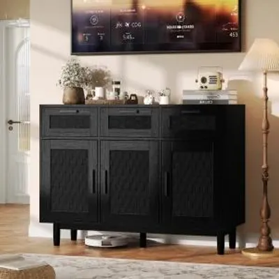 Immagine prodotto di Comodà in rattan - 3 cassetti - Struttura in legno - Stile moderno - Da montare - Per soggiorno, camera da letto, ingresso - Nero