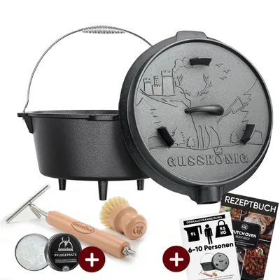 Obrázek produktu pro GUSSKÖNIG Premium Dutch Oven [9 l] s nožičkami – vypálený litinový hrnec se zvedákem poklice 2v1, kartáčem a knihou receptů [4–7 osob]