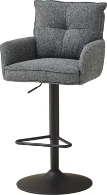 A studio shot of a gray bar stool against a white background.