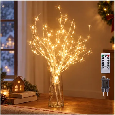 3er-Set LED-Lichtbäume, 144 LEDs, 8 Modi, warmweiß, Birkenzweig