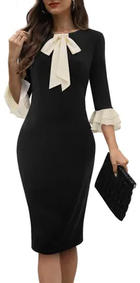 Produktbild von Damen Midi Cocktailkleid mit Volantärmeln und Rundhalsausschnitt