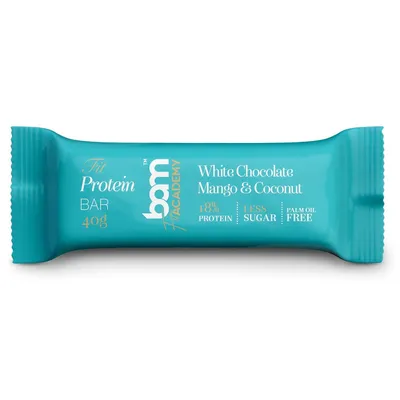 Produktbild von BAM Proteinriegel mit Süßstoff Weißer Schokolade Mango und Kokosnuss - Kuvertüre - Schokoladen Drops - 40 g