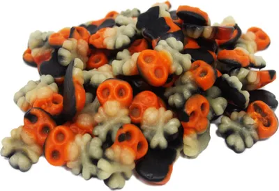 Produktbild von Fruchtgummi Piraten Schädel in orange weiß schwarz Skulls 175g