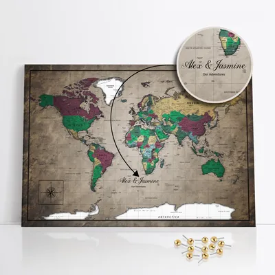 Produktbild von framed concept Personalisierte Weltkarte mit Pinnnadeln Handgefertigte Wanddekoration mit 50 goldenen Pins Einzigartige Geschenkidee