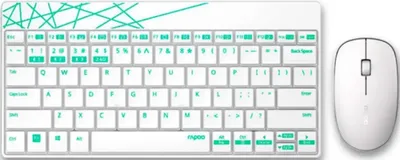 A white wireless keyboard and mouse set with teal accents and a decorative pattern on the keyboard.