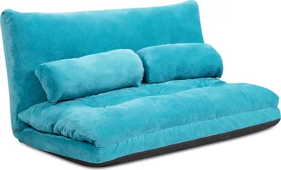 A teal colored floor sofa with two lumbar pillows is shown against a white background.