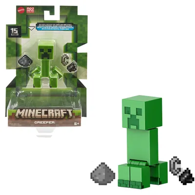 A Minecraft Creeper action figure in its packaging, with a separate figure and accessories shown next to it.