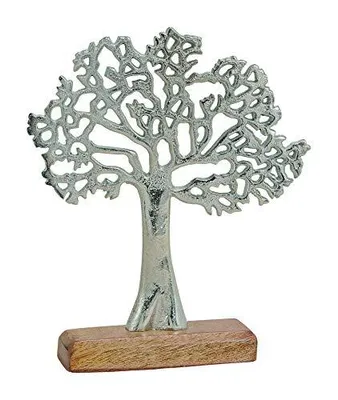 Produktbild von Aufsteller Baum aus Metall auf Mangoholz Sockel Silber, braun (B/H/T) 22x27x5cm