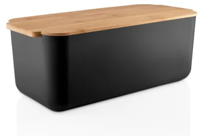 Produktbild von Brotbox mit Schneidebrett und nachhaltigem Design in Schwarz