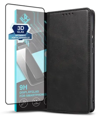 Produktbild von Handyhülle für Xiaomi Redmi Note 13 Pro+ 5G mit 9H Displayglas Kunstleder Flip Cover Hülle Klapphülle Case Kartenfach Farbe: Schwarz