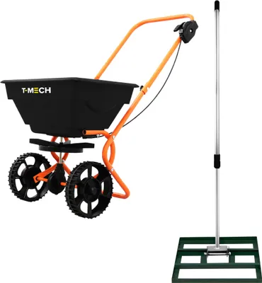 Produktbild von Rasennivellierer & Rotationssteuer, Dünger, Garten-Nivellierer, 100 cm x 32 cm, grün, abnehmbarer ausziehbarer Griff, 1,15–1,9 m, 25 kg Kapazität, Salz, Splitt, Sand, Regenschutz und Handschuhe