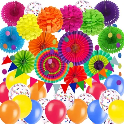 Produktbild von ZERODECO Party-Deko Set Papierfächer Pompons Latexballons Girlanden Konfetti