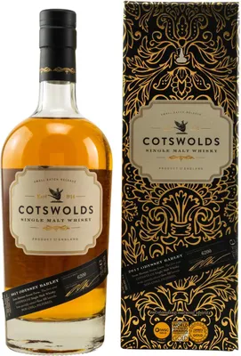 A bottle of Cotswolds Single Malt Whisky and its accompanying gift box are shown against a white background.