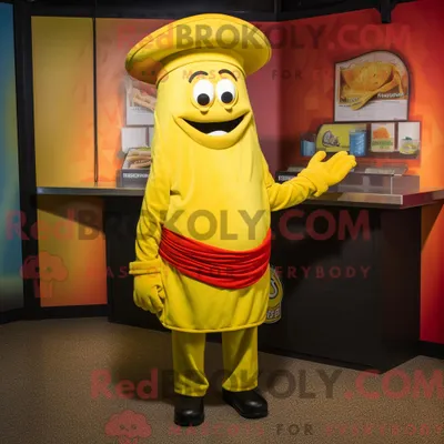 Immagine prodotto di Personaggio in costume mascotte REDBROKOLY giallo Fajitas vestito con un abito e spille per cappello