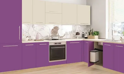 Immagine prodotto di Mobile cucina a L "Brerra" rovere artigianale / RAL4008 viola segnale RAL1013 laccato semi opaco bianco perla